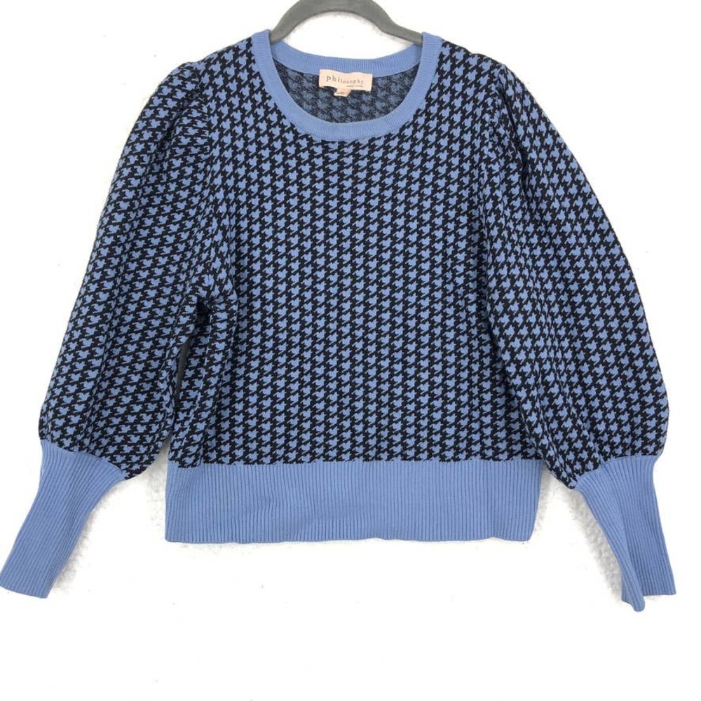 Philosophy Sweater Womens Medium Blue Black Puff Sleeve Houndstooth Round Neck